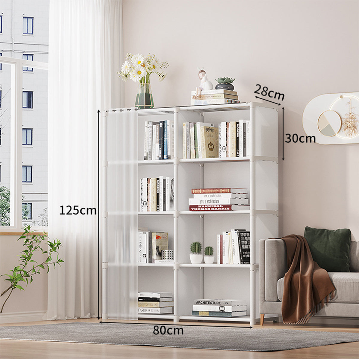 Modular Storage Bookshelf Featuring a Pull Curtain
