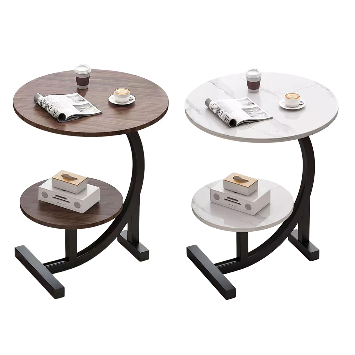 Round Two-Tier End Table with Marble-Look Top