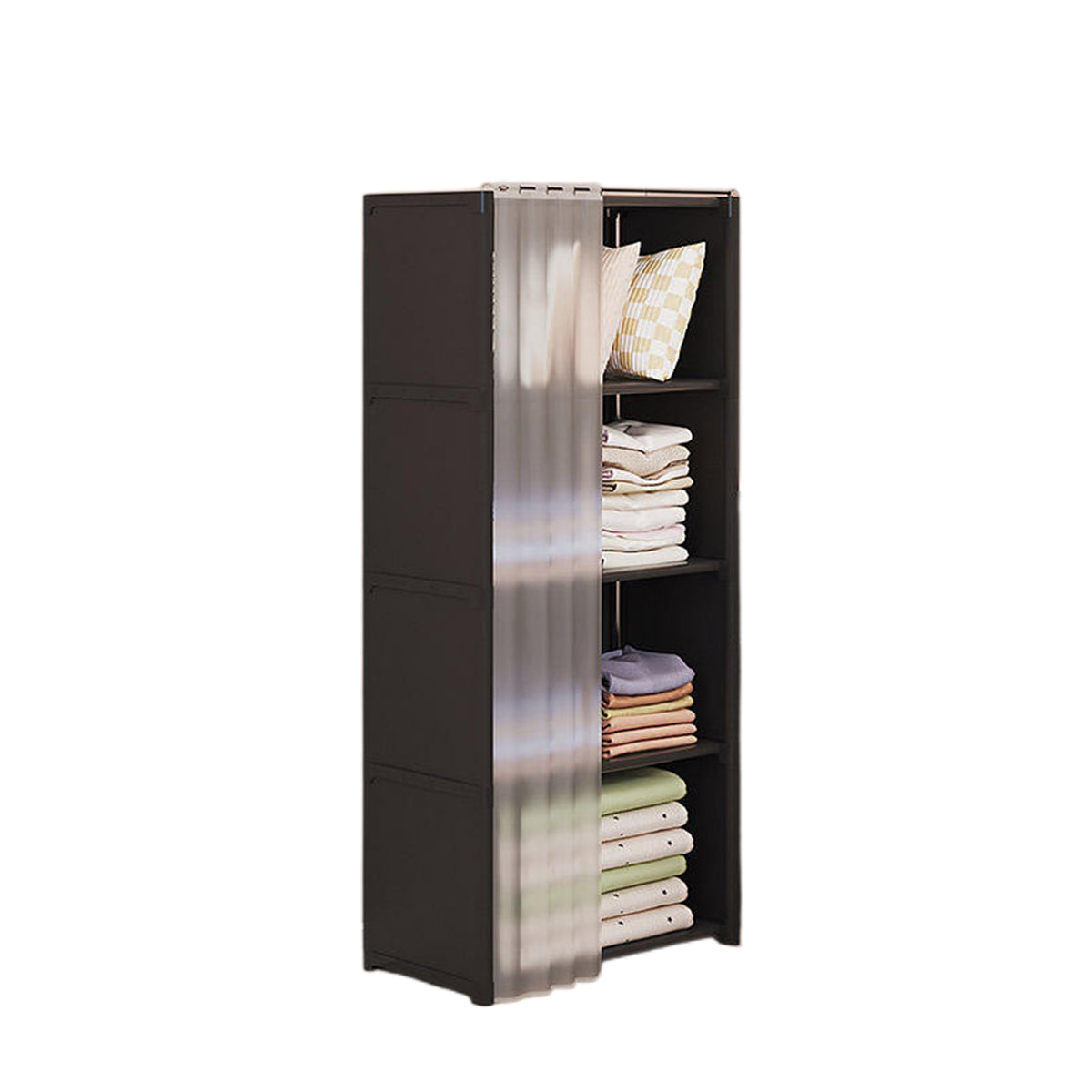 Modular Storage Bookshelf Featuring a Pull Curtain