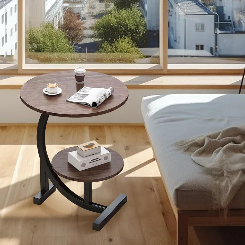 Round Two-Tier End Table with Marble-Look Top
