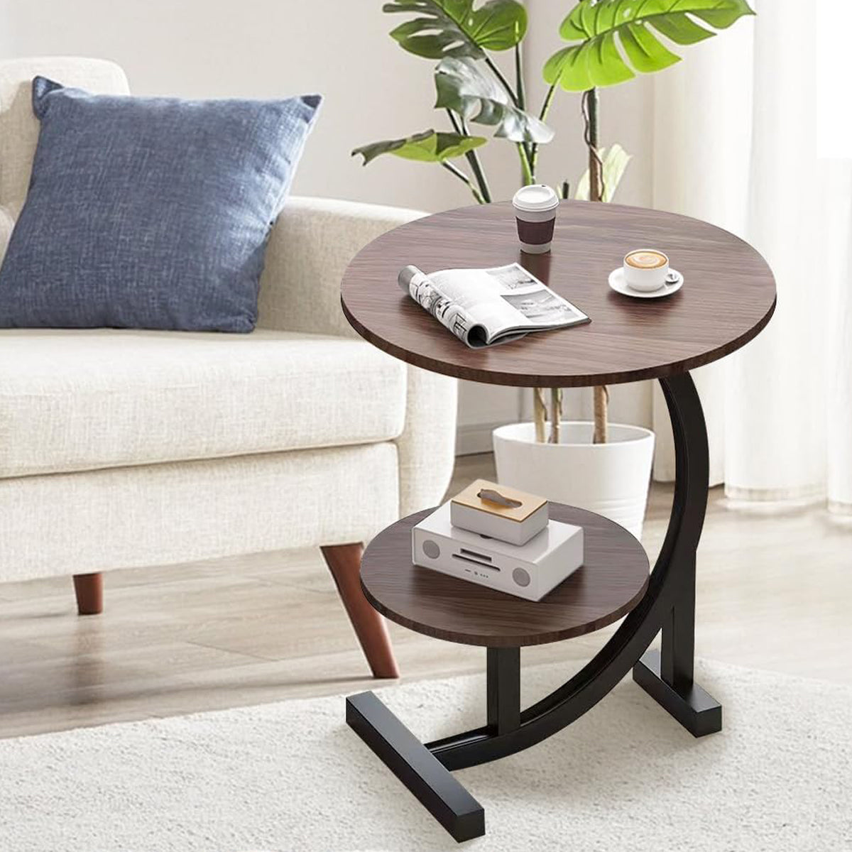 Round Two-Tier End Table with Marble-Look Top