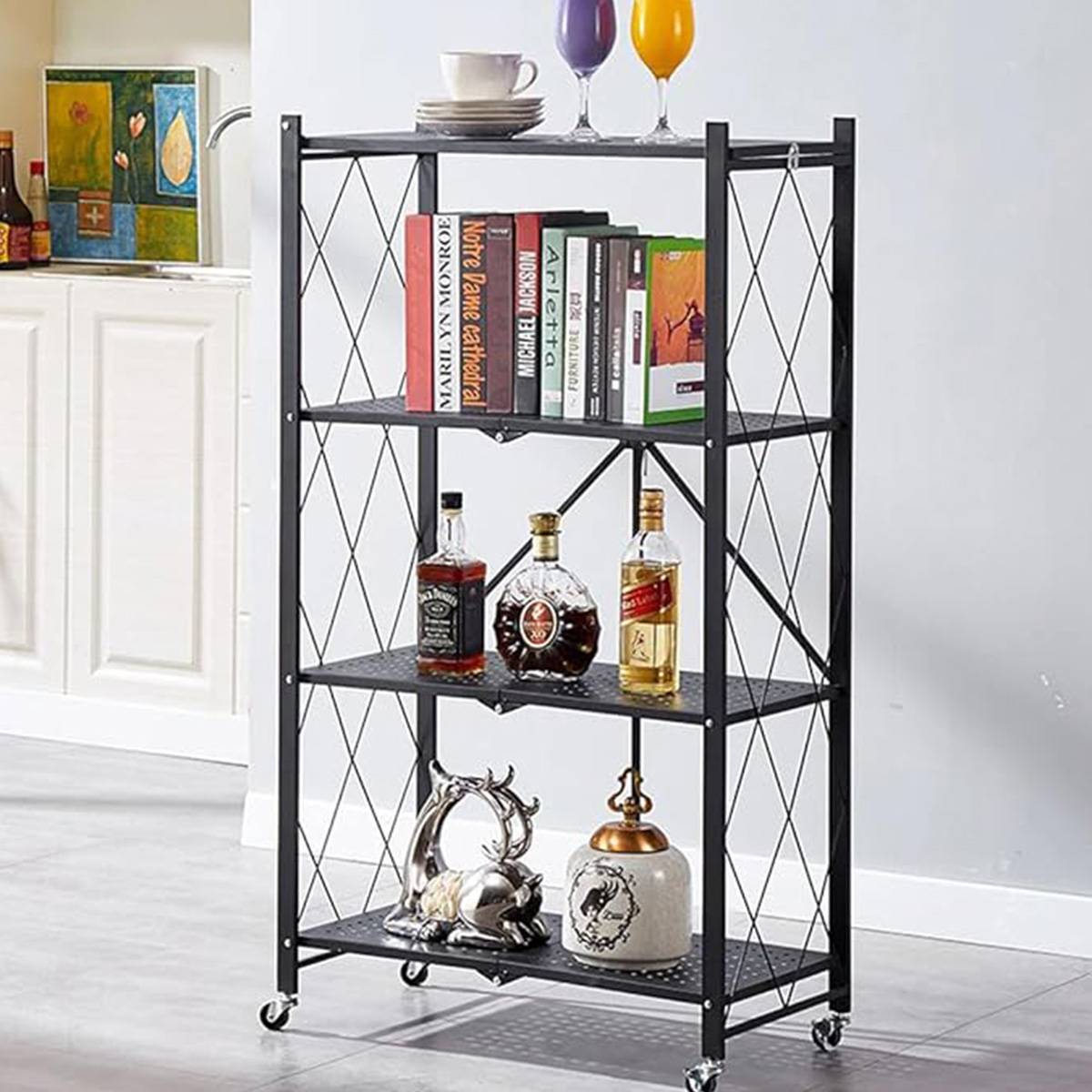 Foldable 4 Tier Kitchen Storage Rack on Wheels