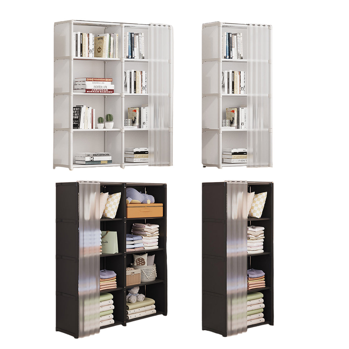 Modular Storage Bookshelf Featuring a Pull Curtain