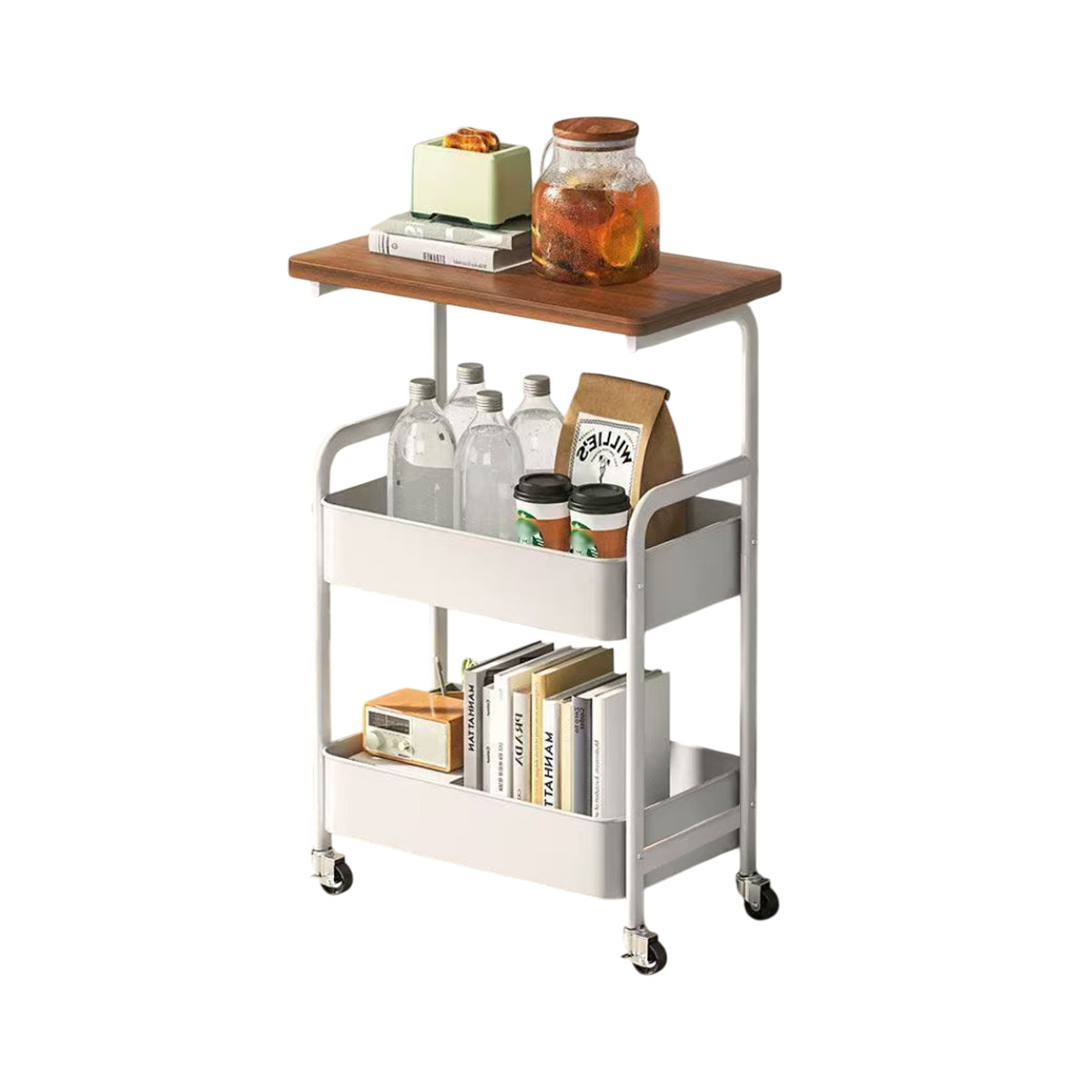 Mobile Coffee Cart Featuring a Mesh Storage Basket