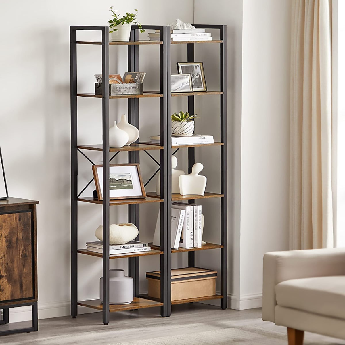 Space-Saving 6-Tier Corner Bookshelf with X-Brace