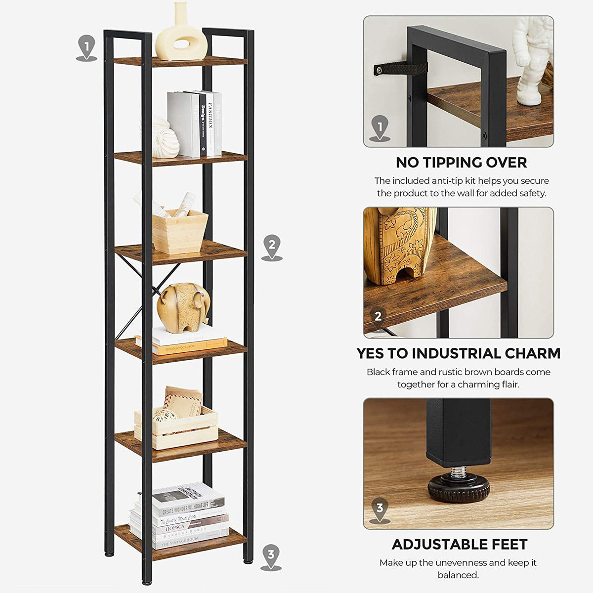 Space-Saving 6-Tier Corner Bookshelf with X-Brace
