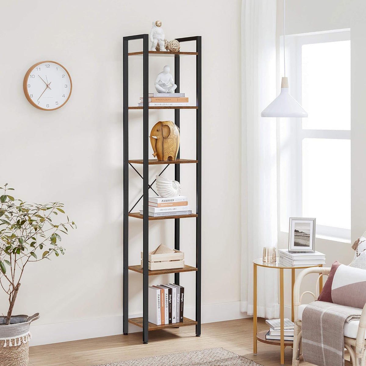 Space-Saving 6-Tier Corner Bookshelf with X-Brace