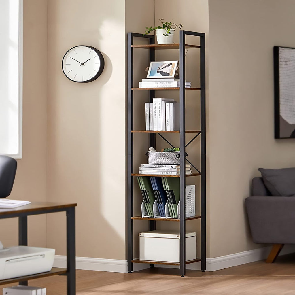Space-Saving 6-Tier Corner Bookshelf with X-Brace