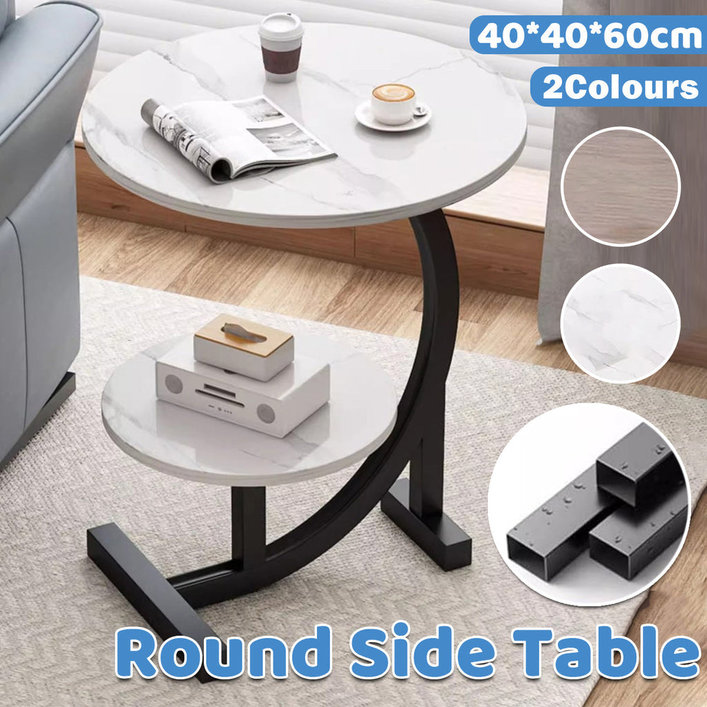 Round Two-Tier End Table with Marble-Look Top
