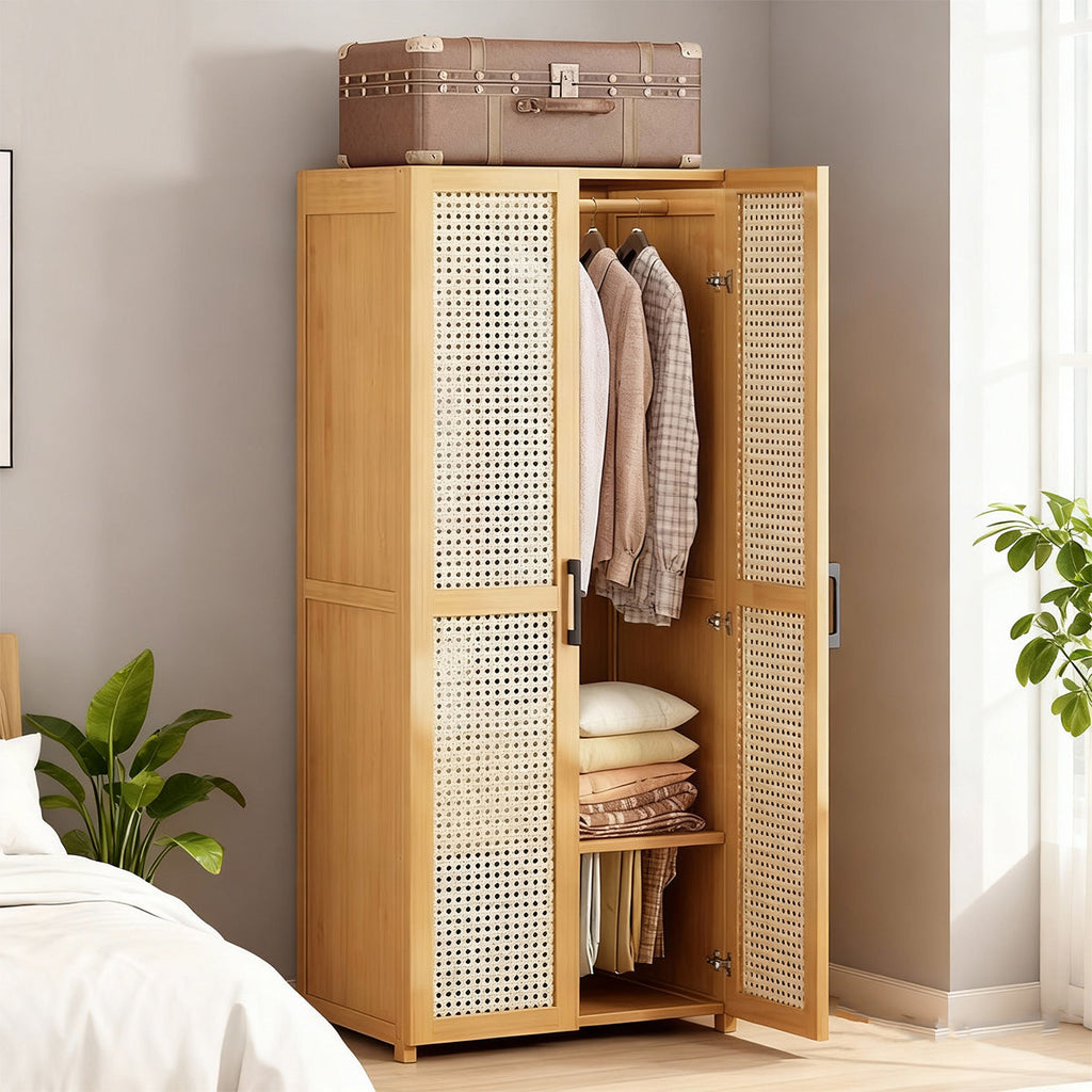 Minimalist Wardrobe with Doors Bamboo Durable for Bedroom Clothes Storage Use