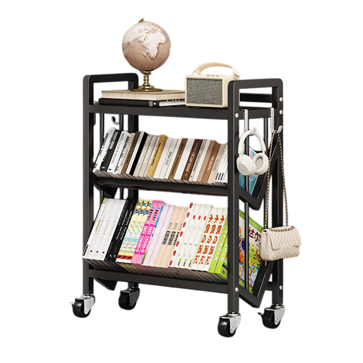 Mobile 3-Tier Steel Trolley Featuring Side Hooks