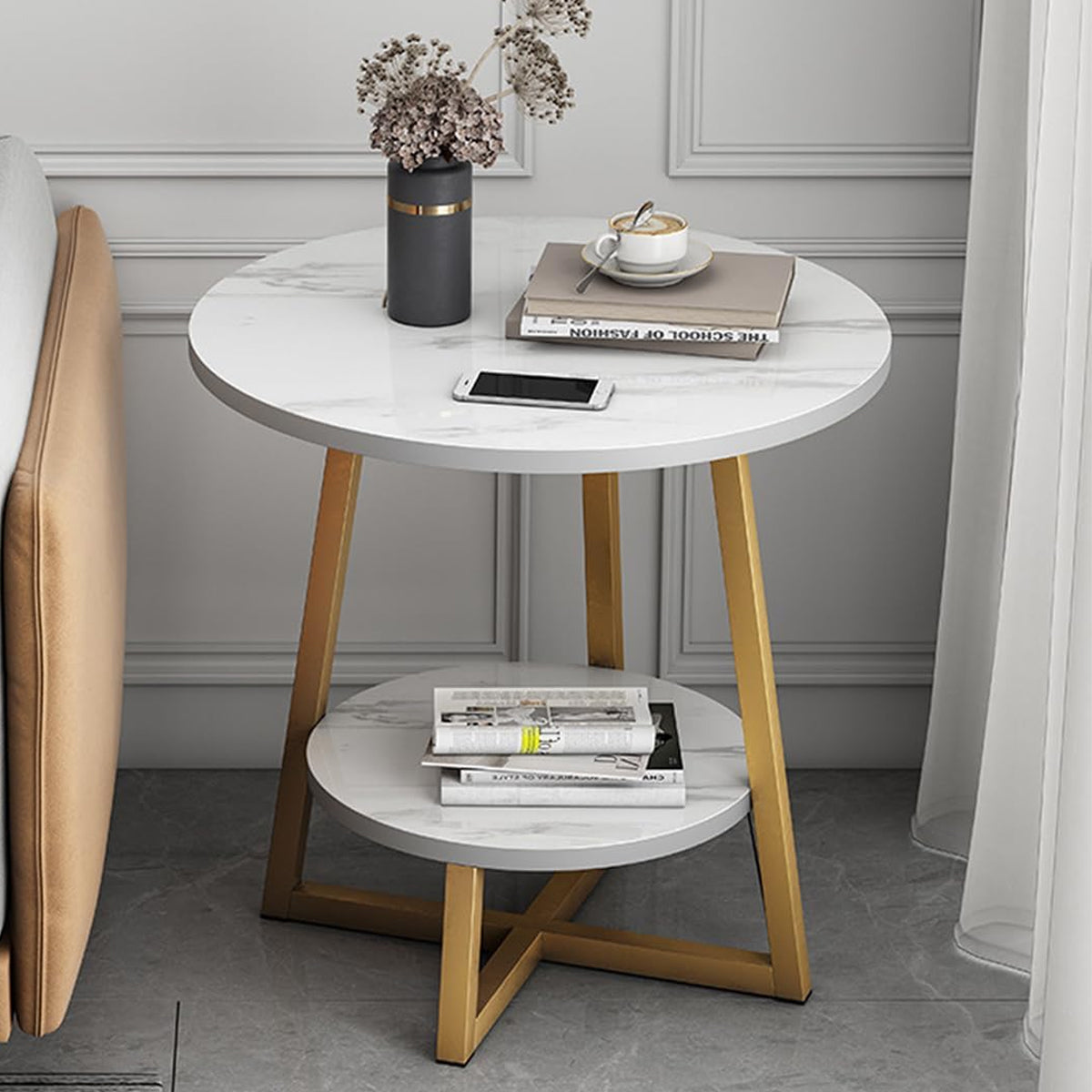 2-Tier Round Side Table with Marble-Look Top