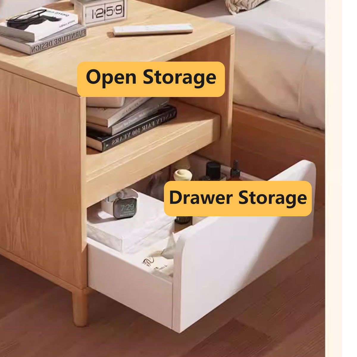 Bedside Table with Drawers Nightstand Wood End Table Bedroom Storage Space Saving
