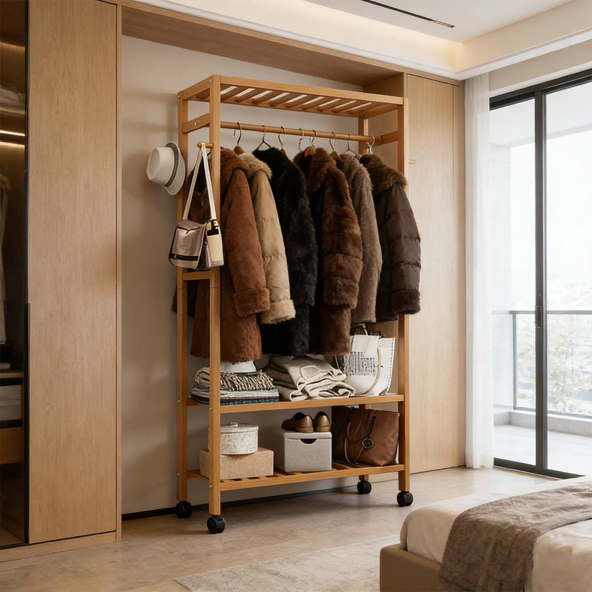 Bamboo Floor Clothes Rack on Wheels 160x80x32cm