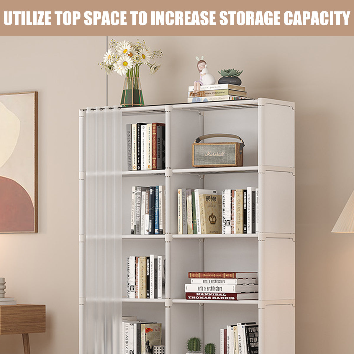 Modular Storage Bookshelf Featuring a Pull Curtain