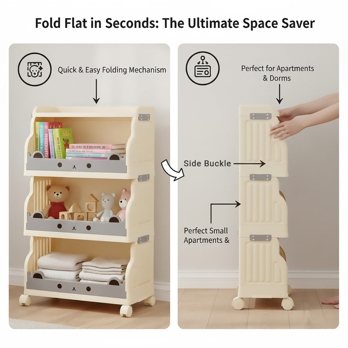 Cream Foldable Storage Cart in 3 or 4 Tiers