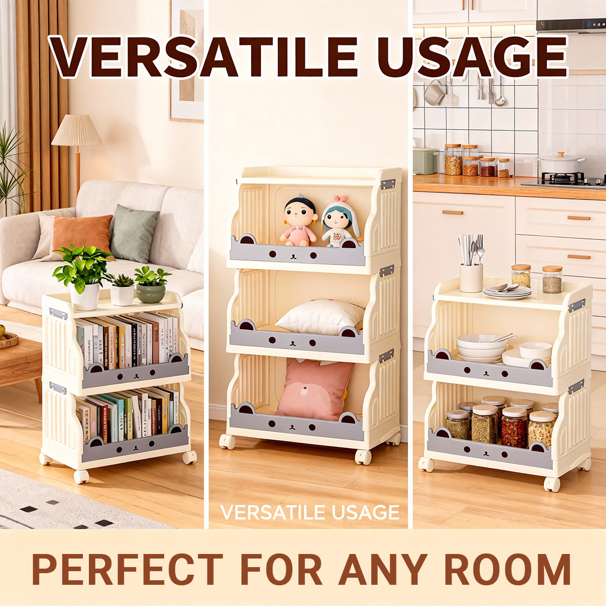 Cream Foldable Storage Cart in 3 or 4 Tiers