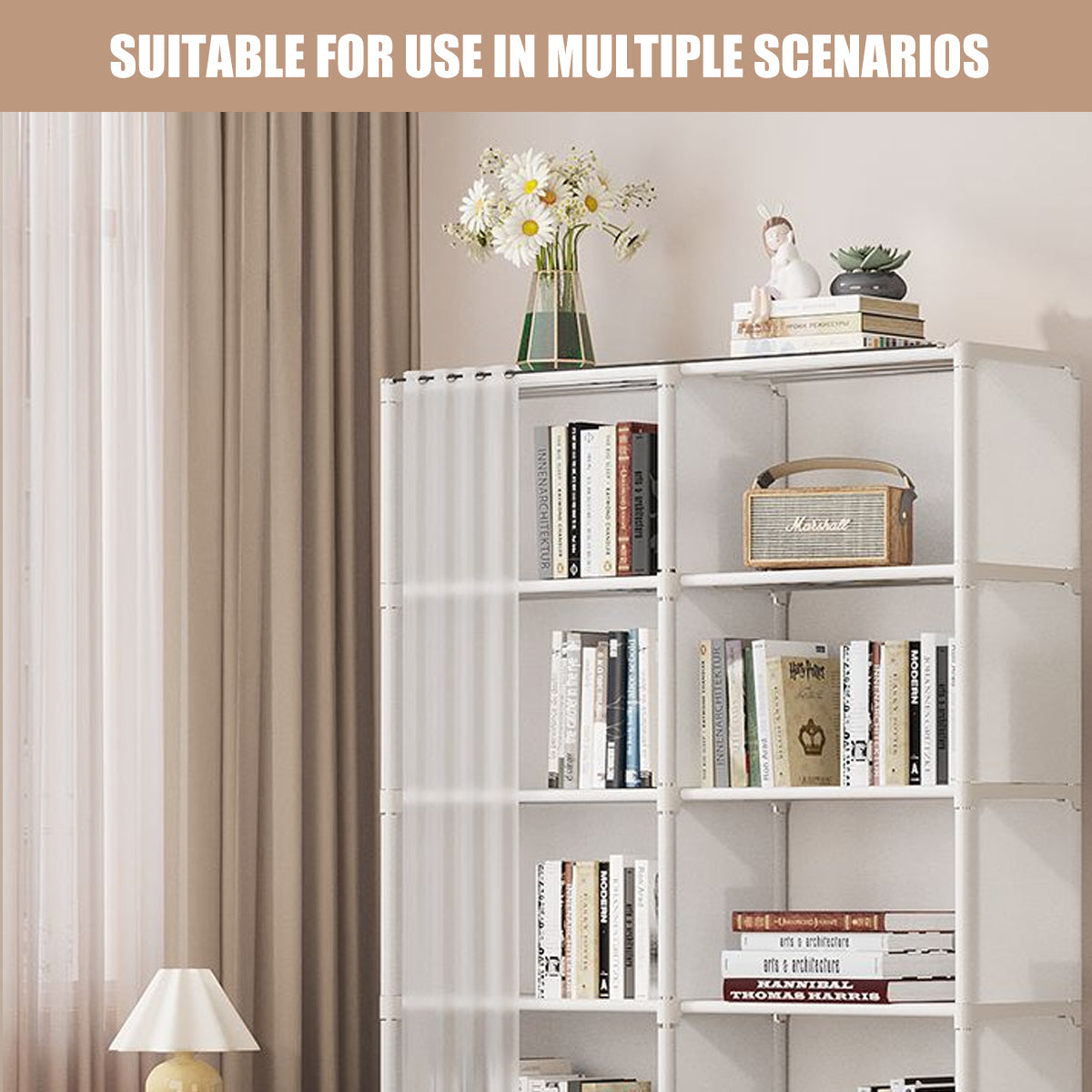 Modular Storage Bookshelf Featuring a Pull Curtain