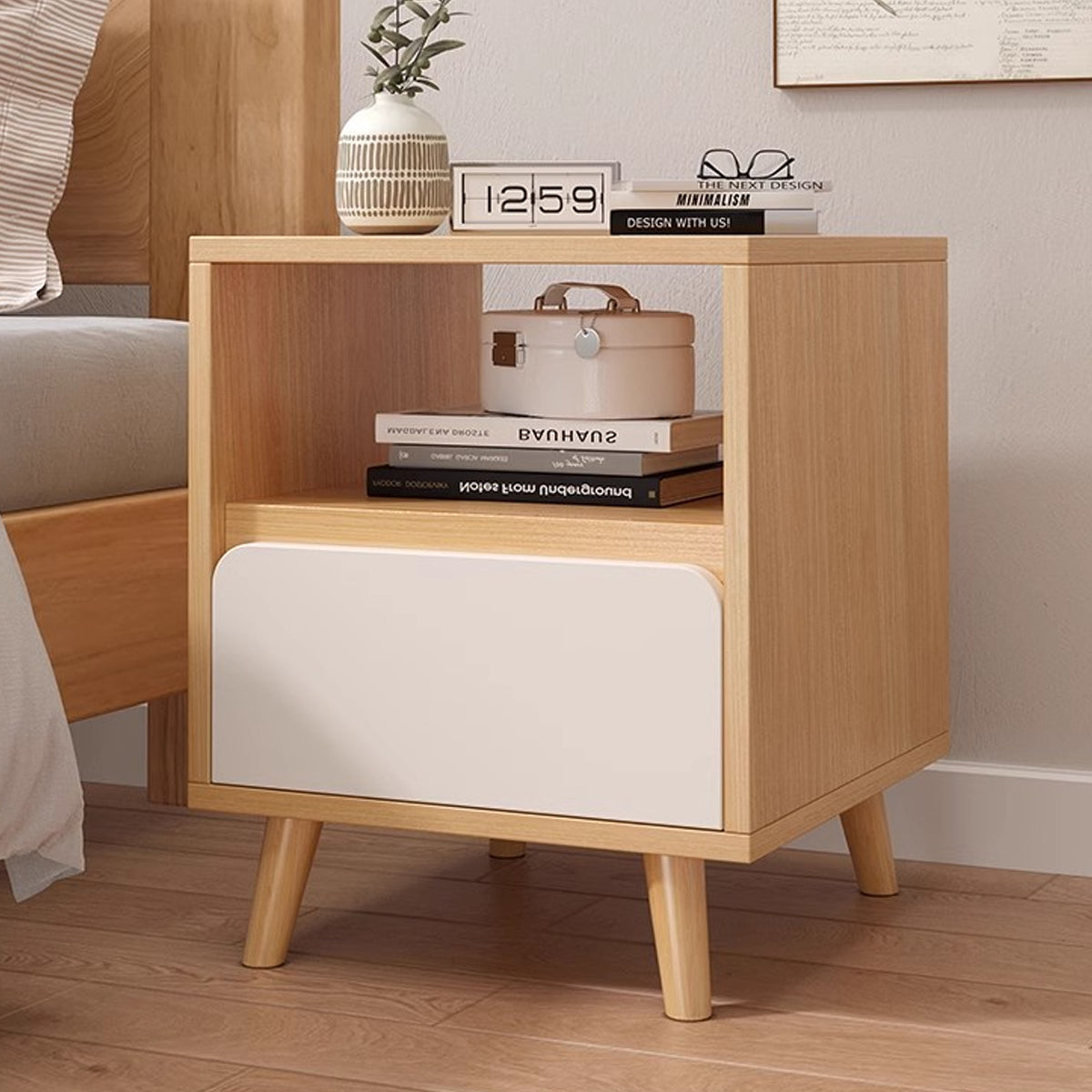 Bedside Table with Drawers Nightstand Wood End Table Bedroom Storage Space Saving