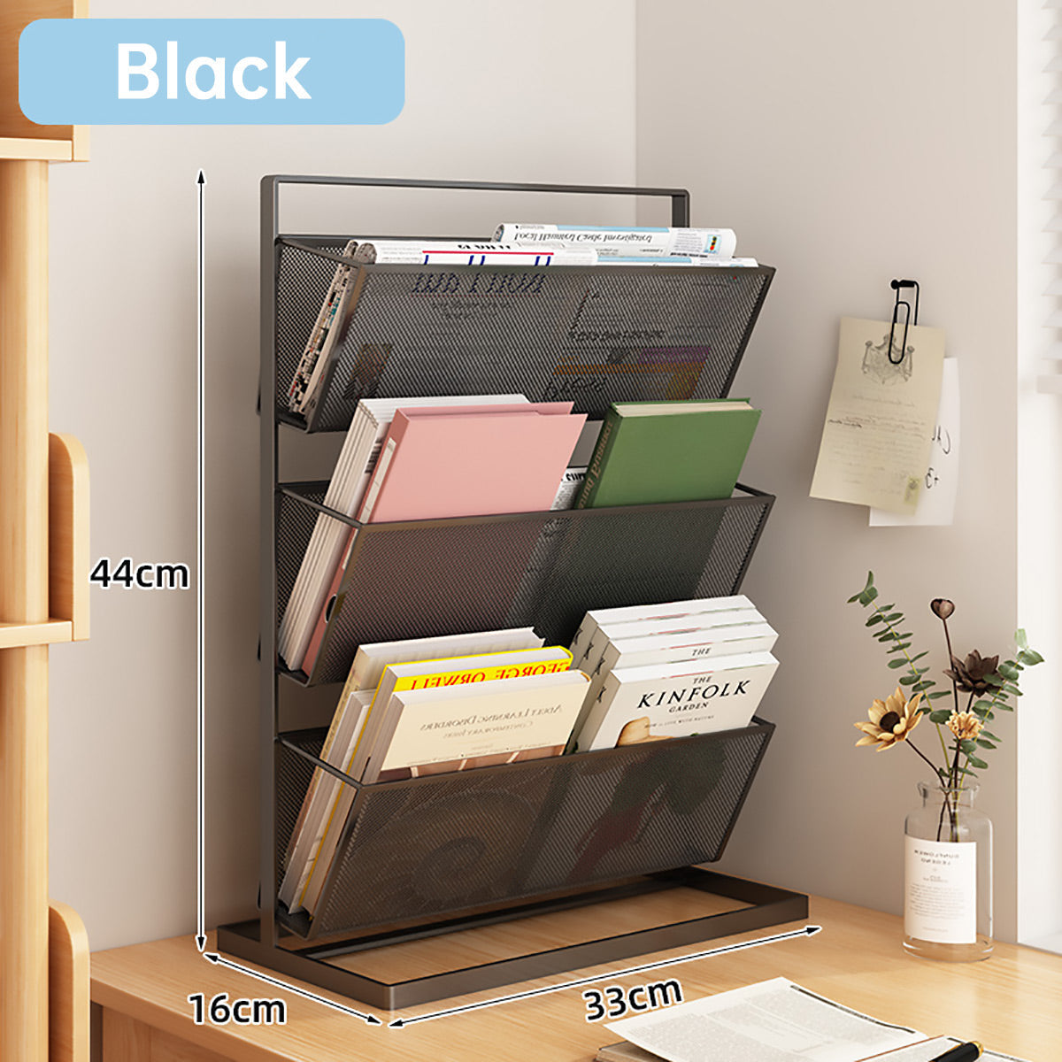3-Tier Mesh Desktop Bookshelf Organiser 33x16x44cm