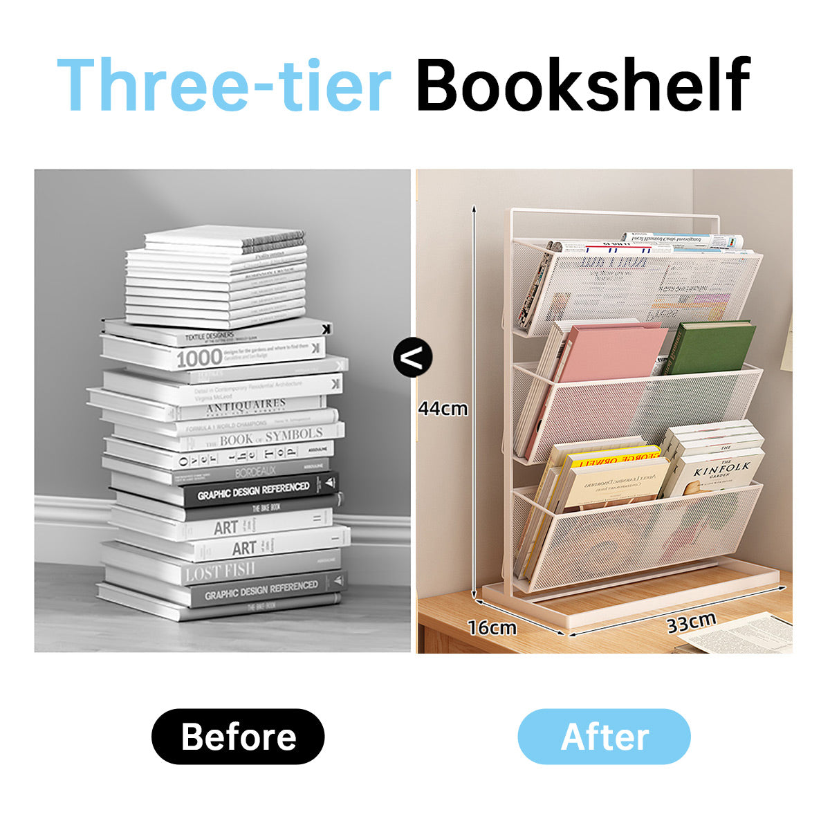 3-Tier Mesh Desktop Bookshelf Organiser 33x16x44cm