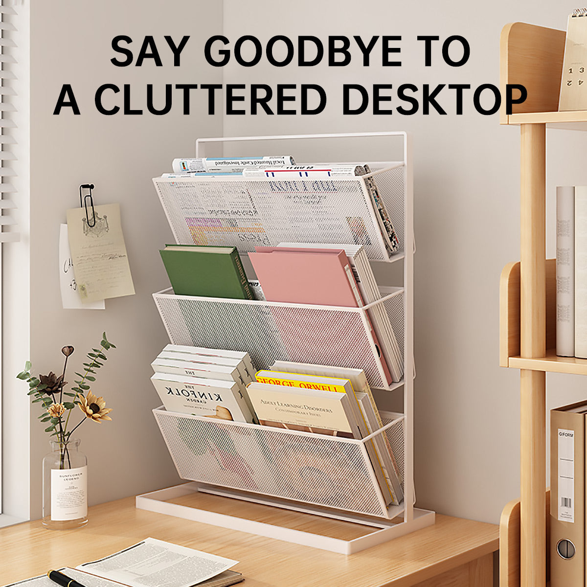 3-Tier Mesh Desktop Bookshelf Organiser 33x16x44cm