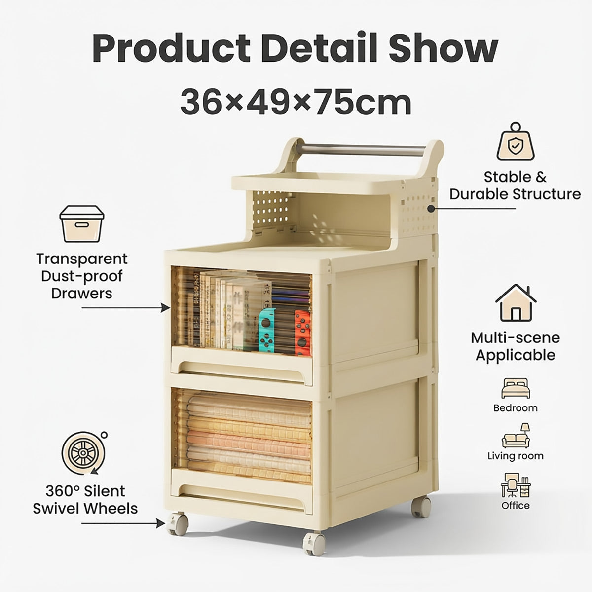 4-Tier Mobile Storage Trolley with Removable Handle