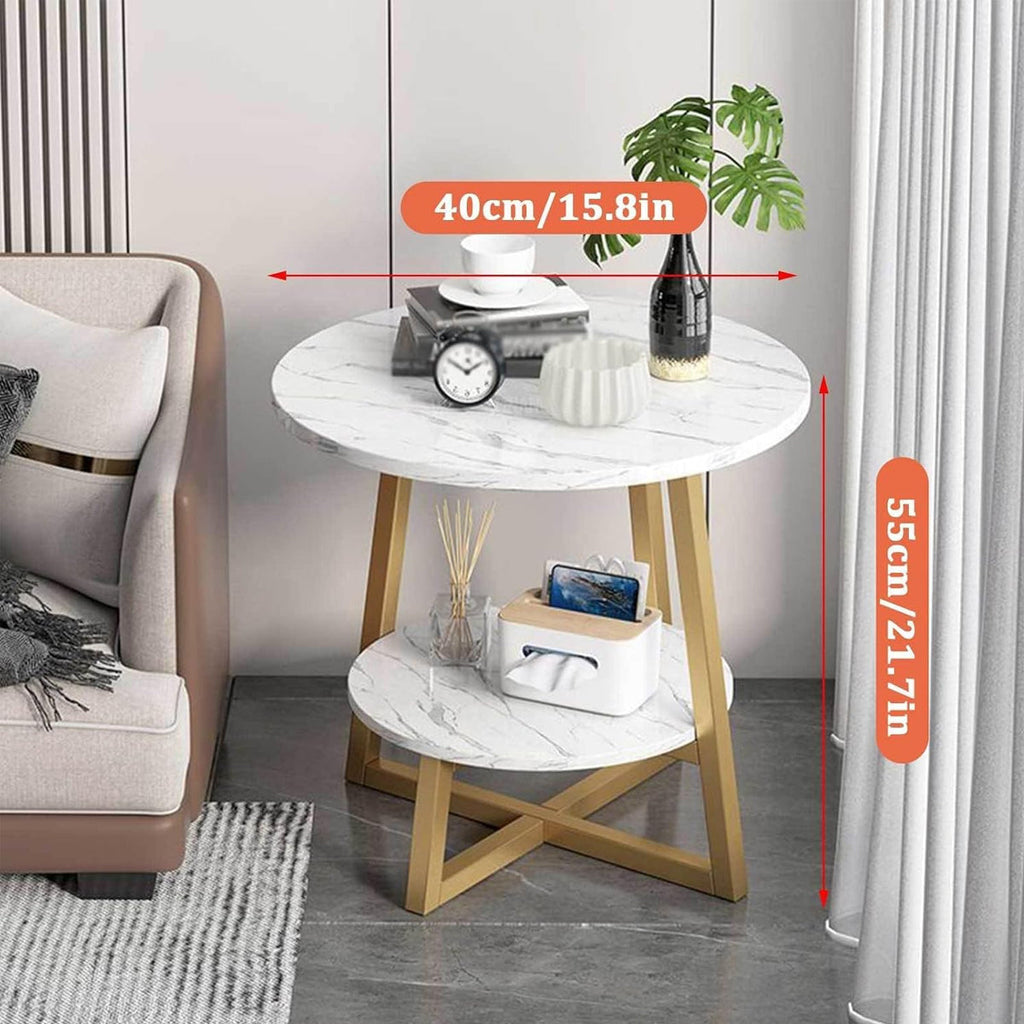 2-Tier Round Side Table with Marble-Look Top