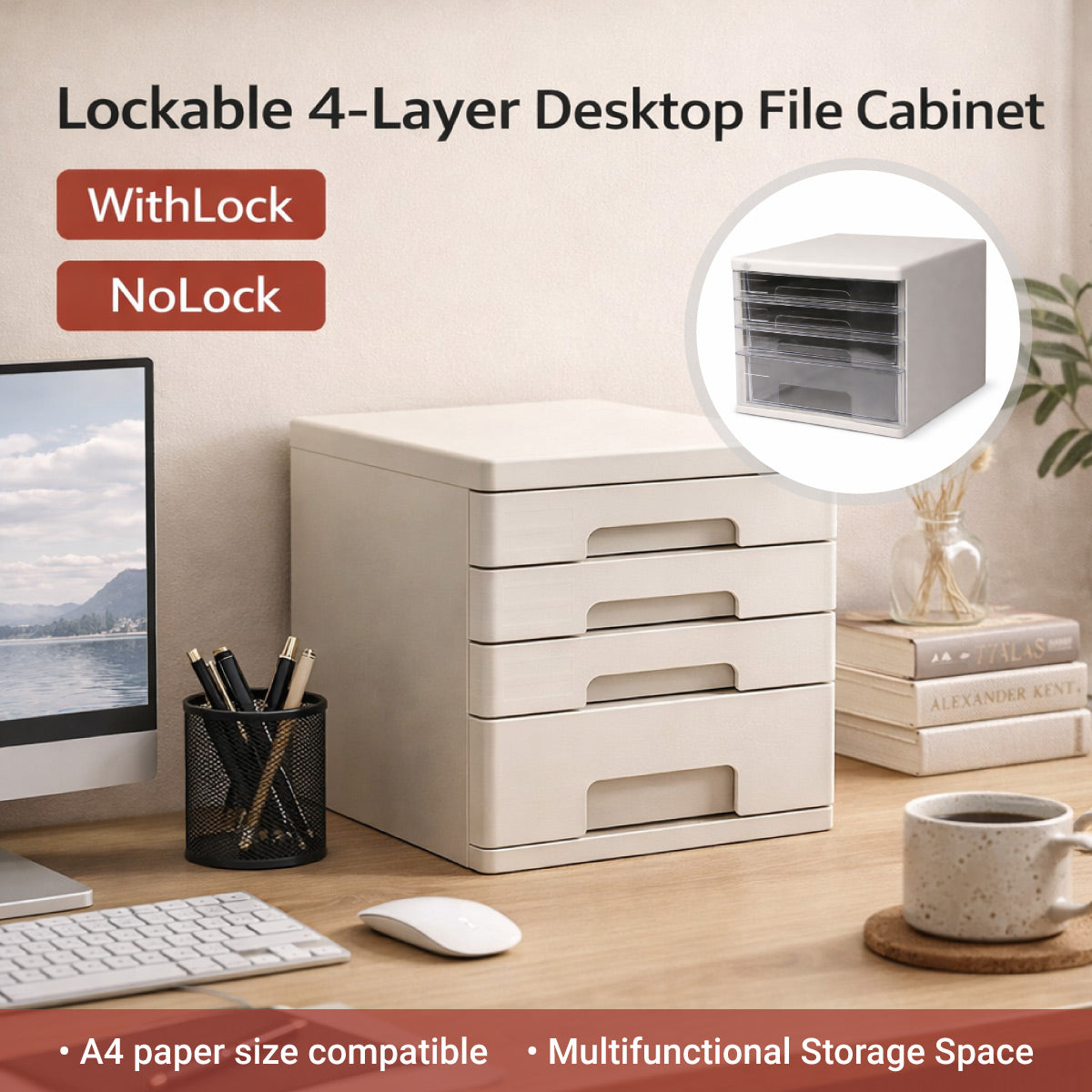 Compact 4-Drawer Desktop Storage Tower