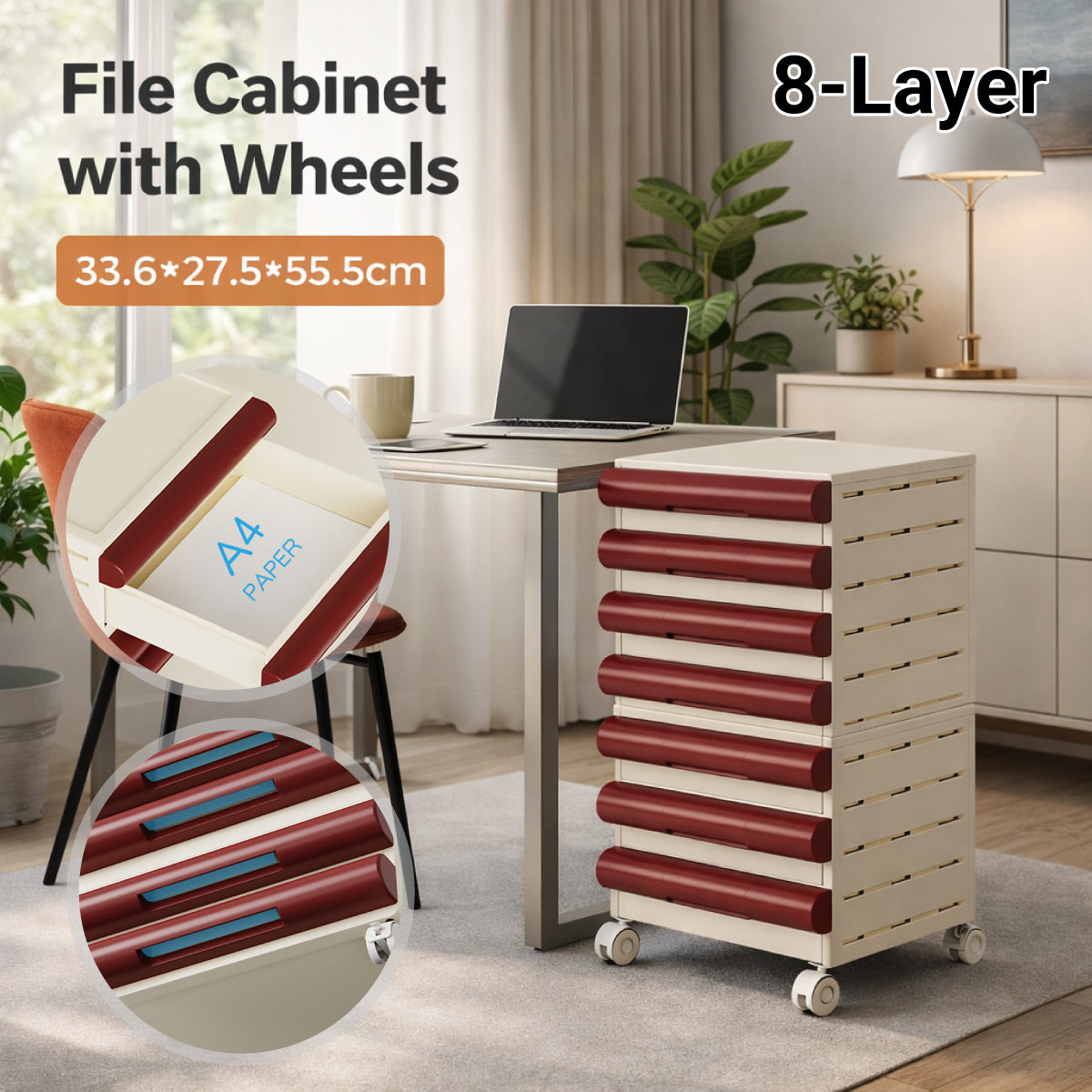 Mobile 8-Drawer Document Tower in Maroon and Cream