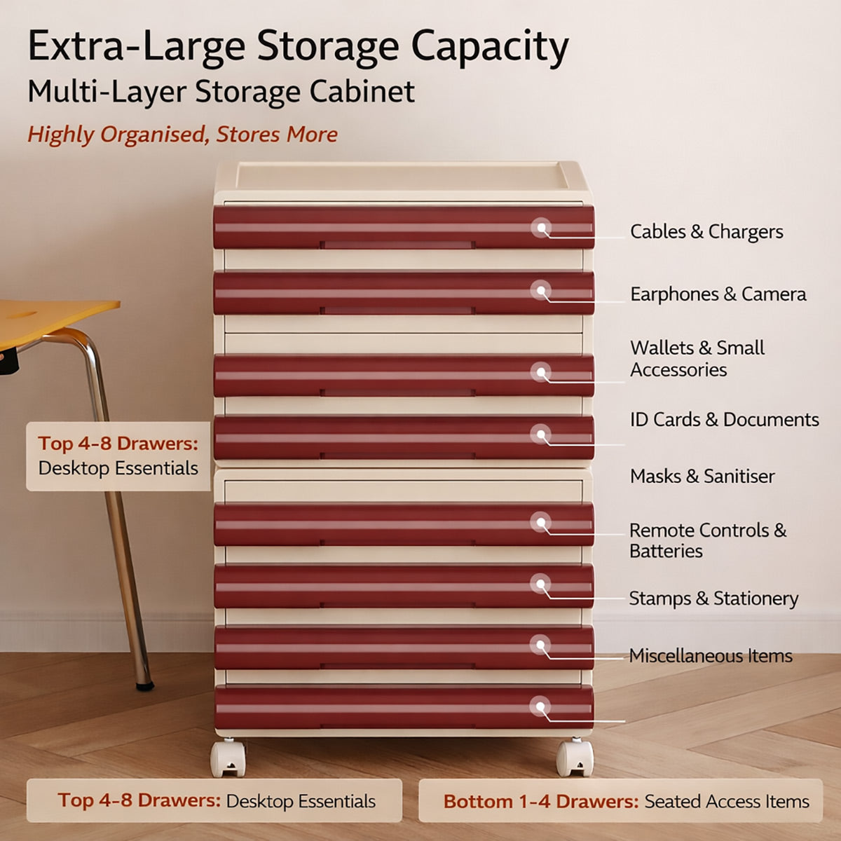 Mobile 8-Drawer Document Tower in Maroon and Cream