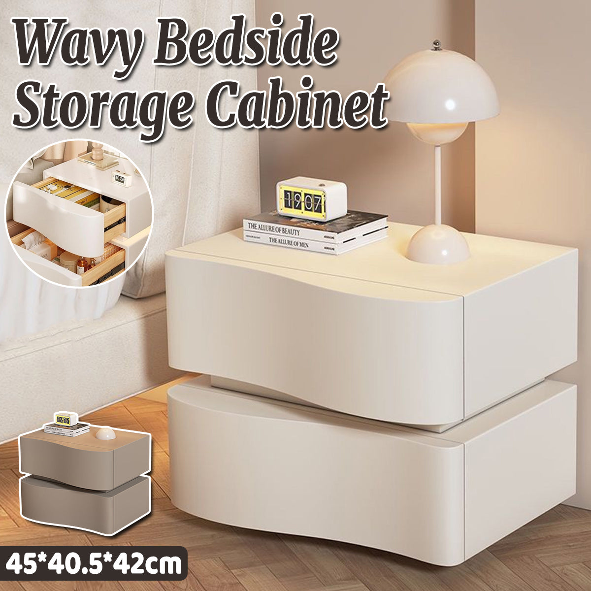 Wavy Bedside Storage Cabinet 45cm Bedroom Nightstand with Hidden Handle