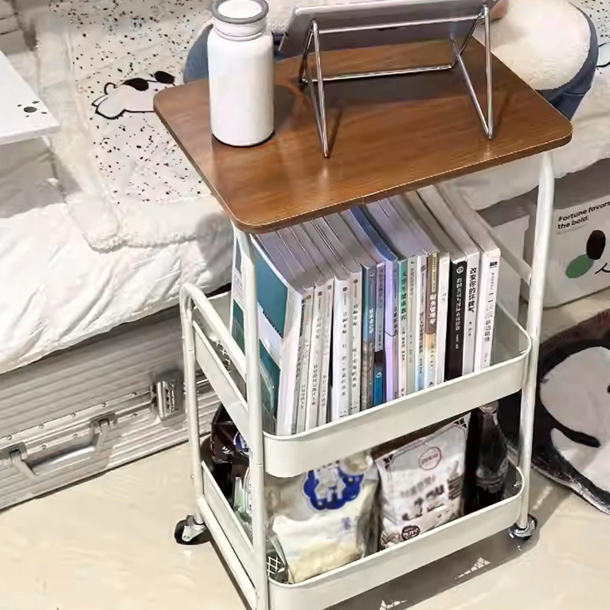 Mobile Coffee Cart Featuring a Mesh Storage Basket