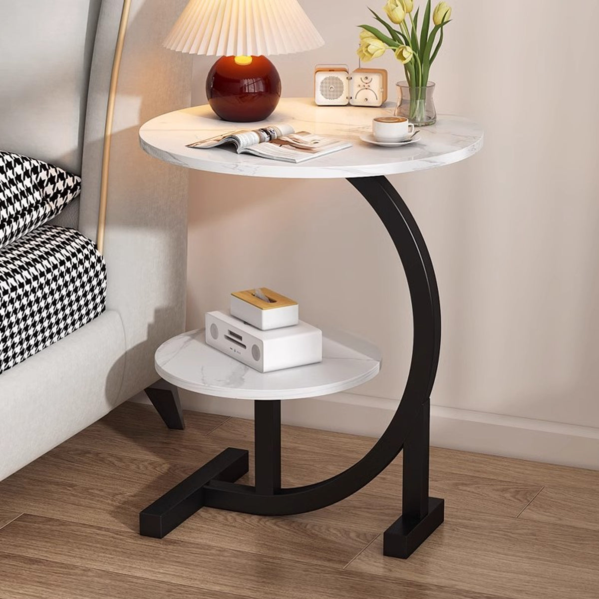 Round Two-Tier End Table with Marble-Look Top