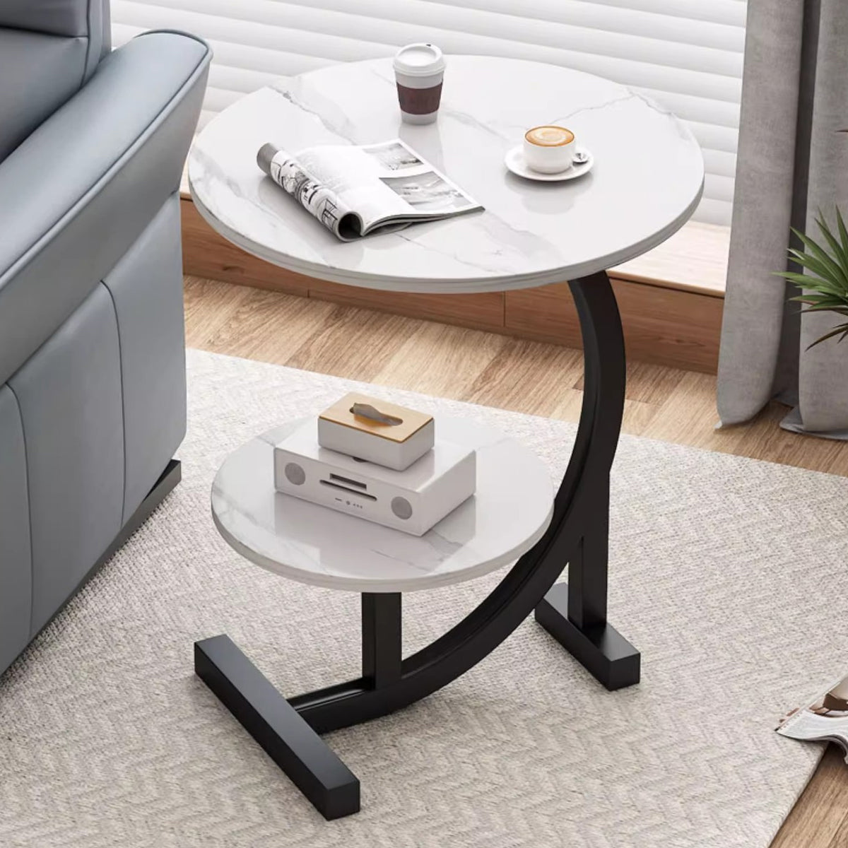 Round Two-Tier End Table with Marble-Look Top
