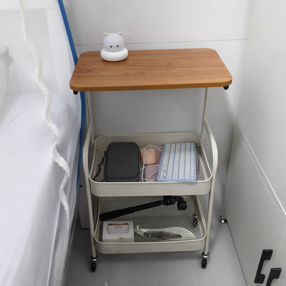 Mobile Coffee Cart Featuring a Mesh Storage Basket