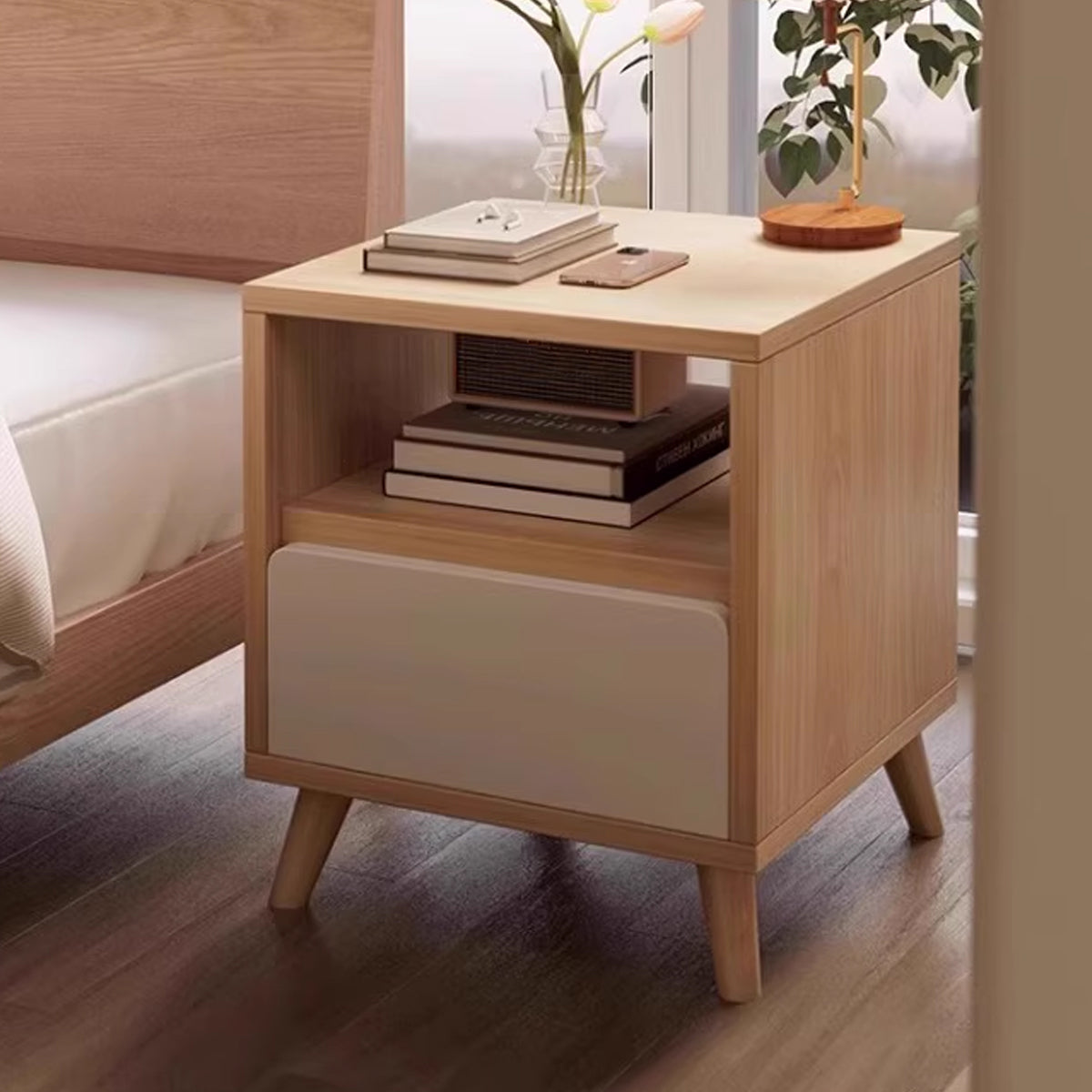 Bedside Table with Drawers Nightstand Wood End Table Bedroom Storage Space Saving