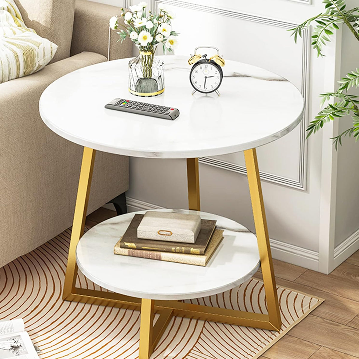 2-Tier Round Side Table with Marble-Look Top