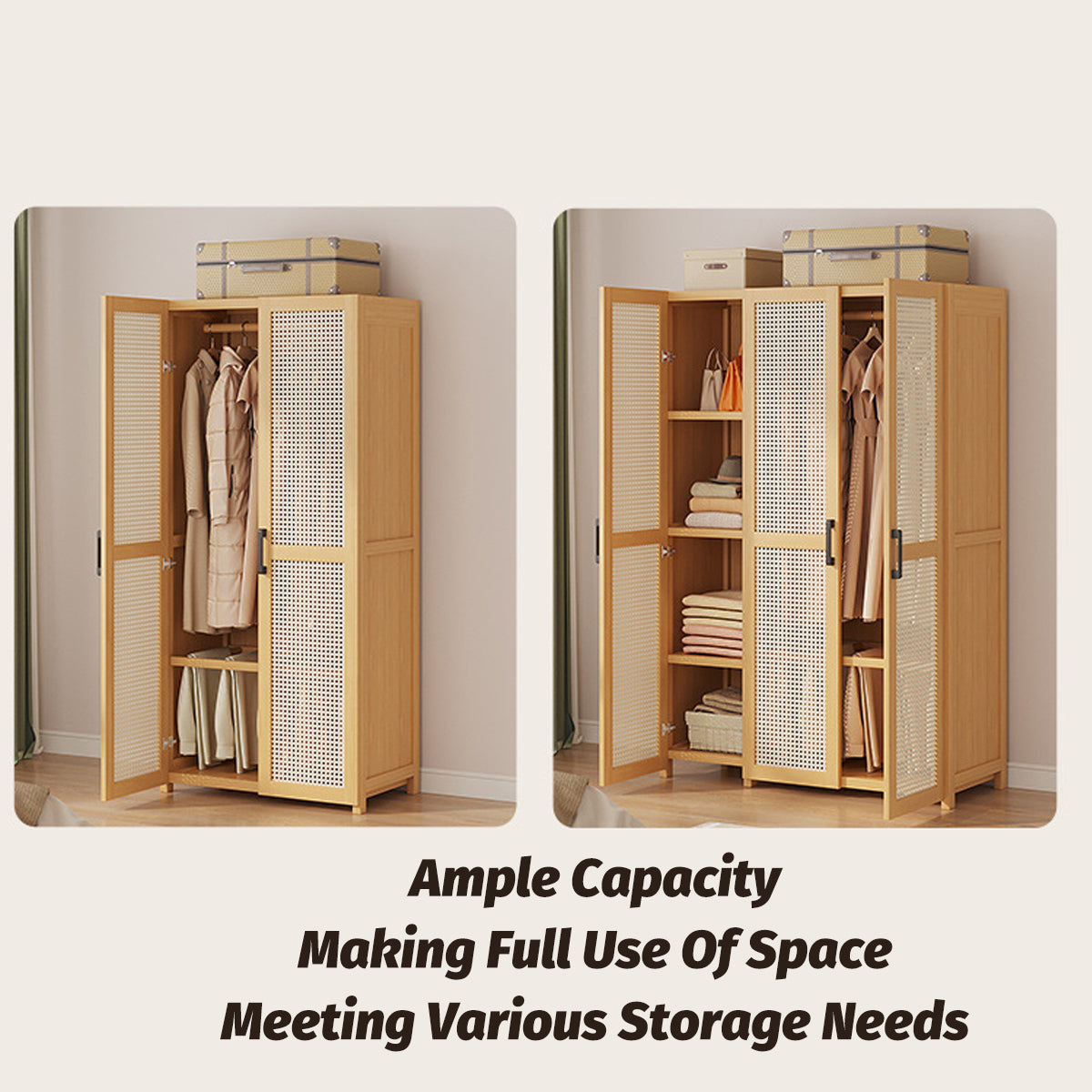 Minimalist Wardrobe with Doors Bamboo Durable for Bedroom Clothes Storage Use
