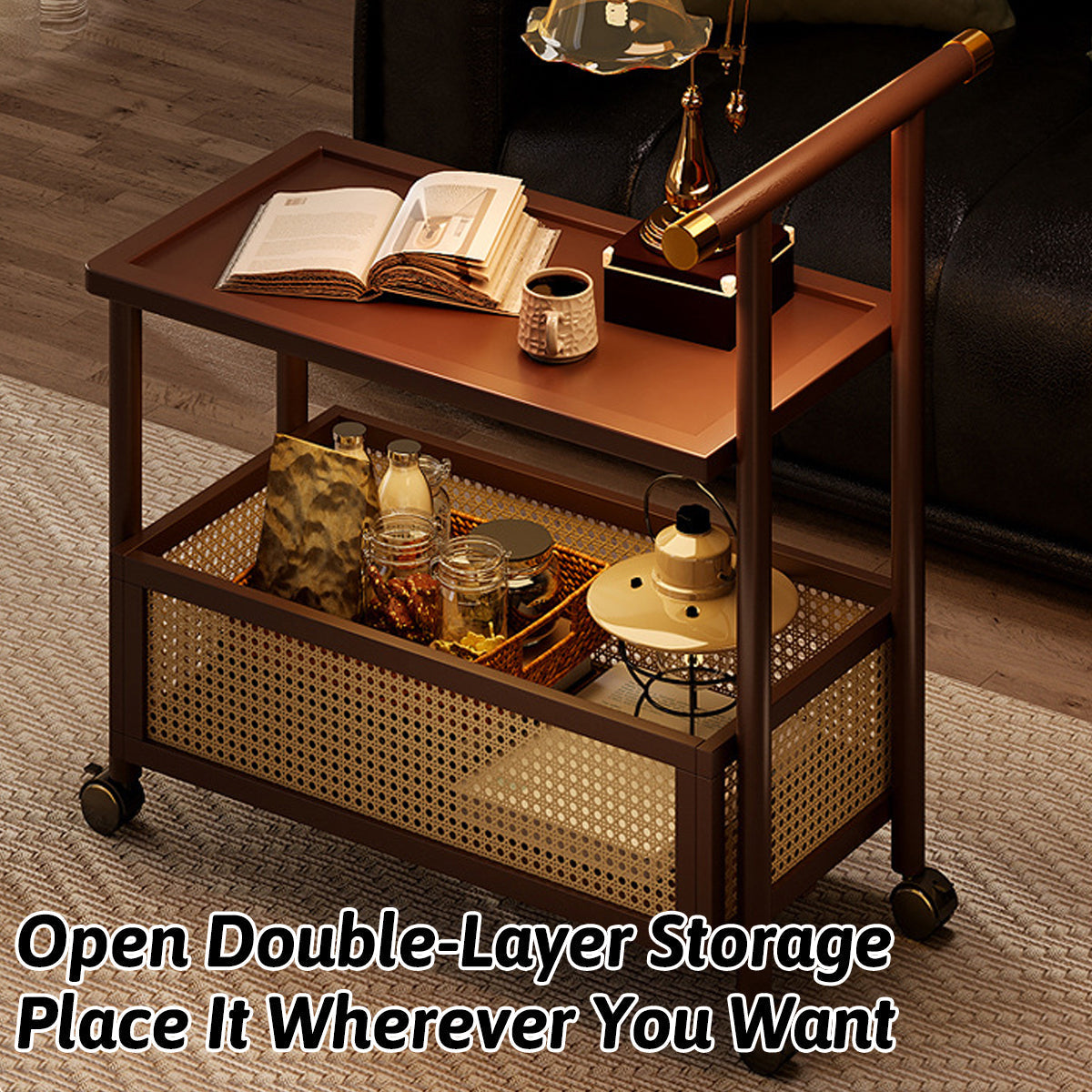 Mobile Bamboo Coffee Cart Featuring a Storage Shelf