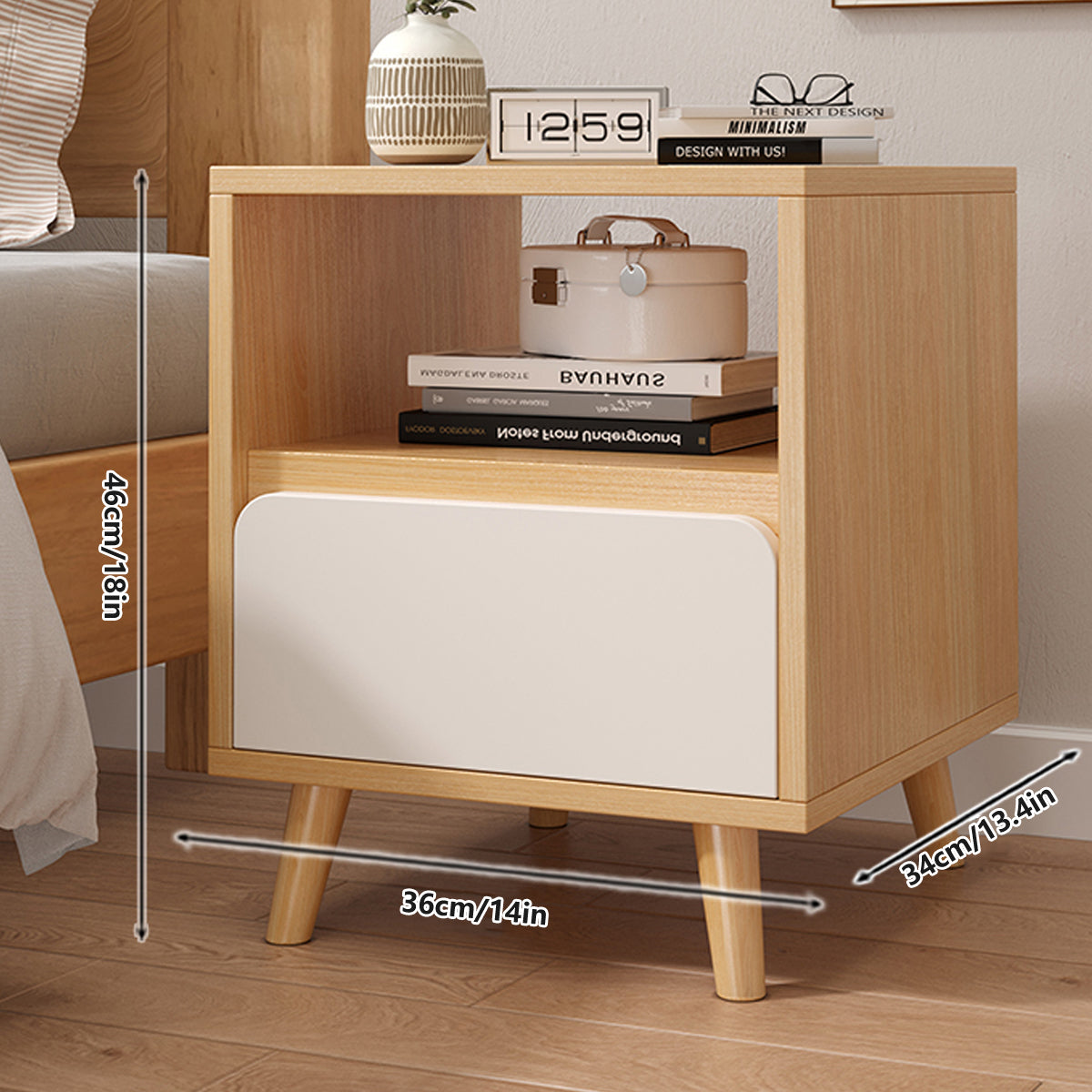 Bedside Table with Drawers Nightstand Wood End Table Bedroom Storage Space Saving