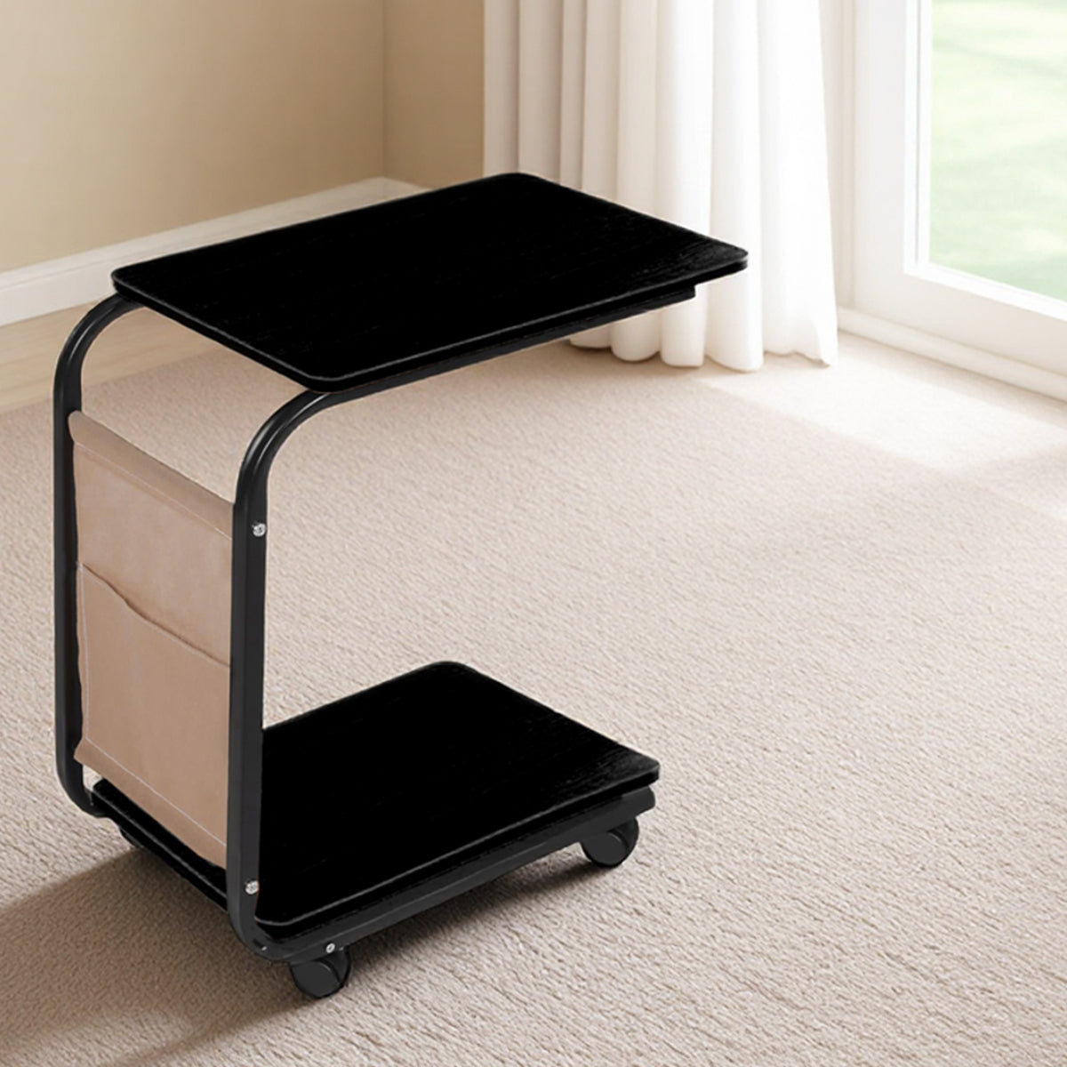 Mobile Sofa Side Table Featuring Lockable Wheels