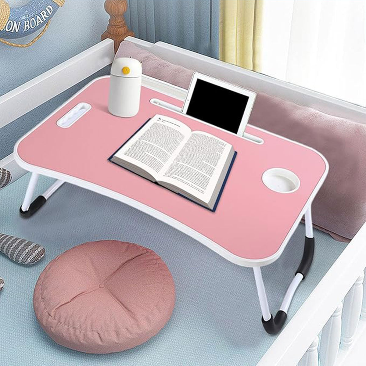 Foldable Bed Tray Table Featuring Cup and Tablet Slots