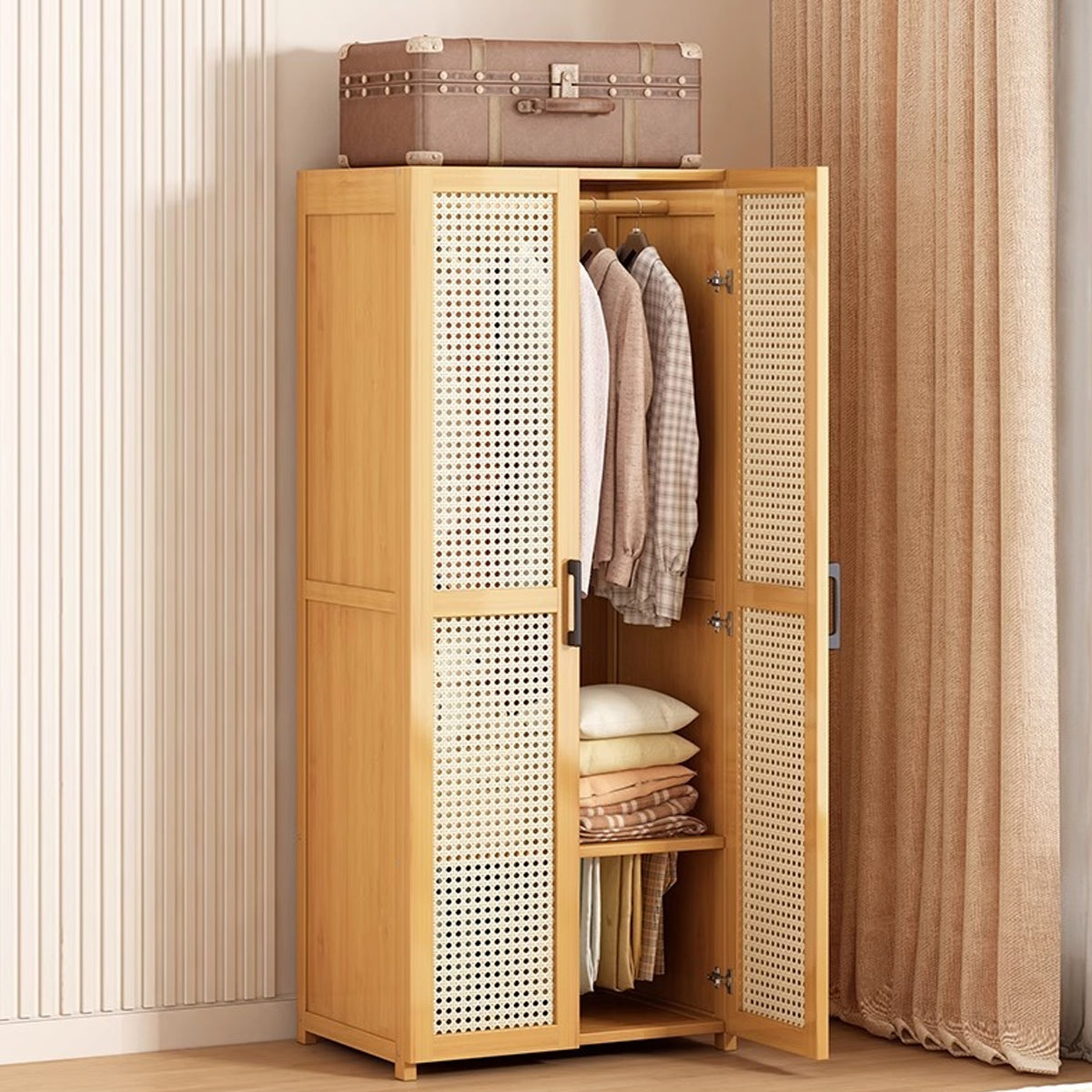 Minimalist Wardrobe with Doors Bamboo Durable for Bedroom Clothes Storage Use