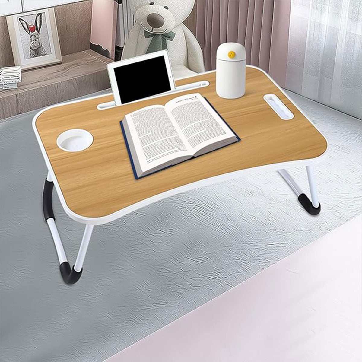 Foldable Bed Tray Table Featuring Cup and Tablet Slots
