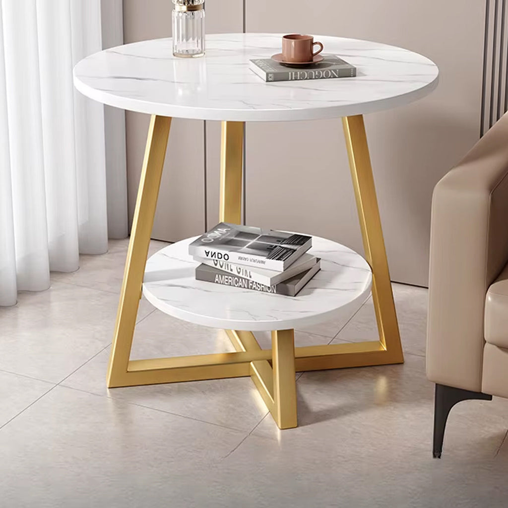 2-Tier Round Side Table with Marble-Look Top