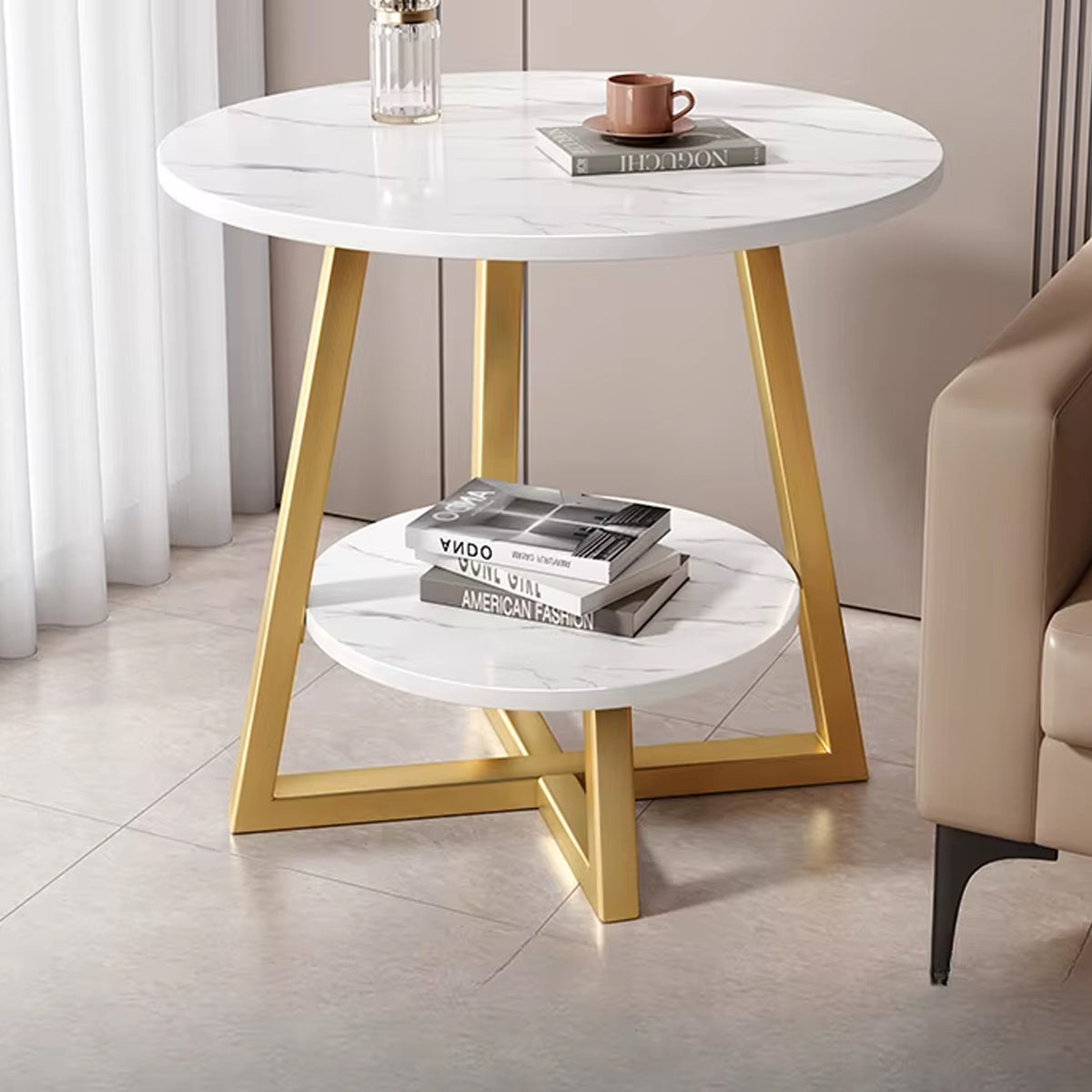 2-Tier Round Side Table with Marble-Look Top