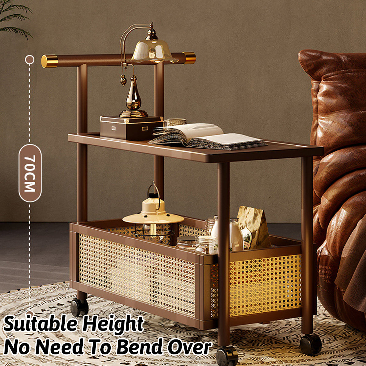 Mobile Bamboo Coffee Cart Featuring a Storage Shelf