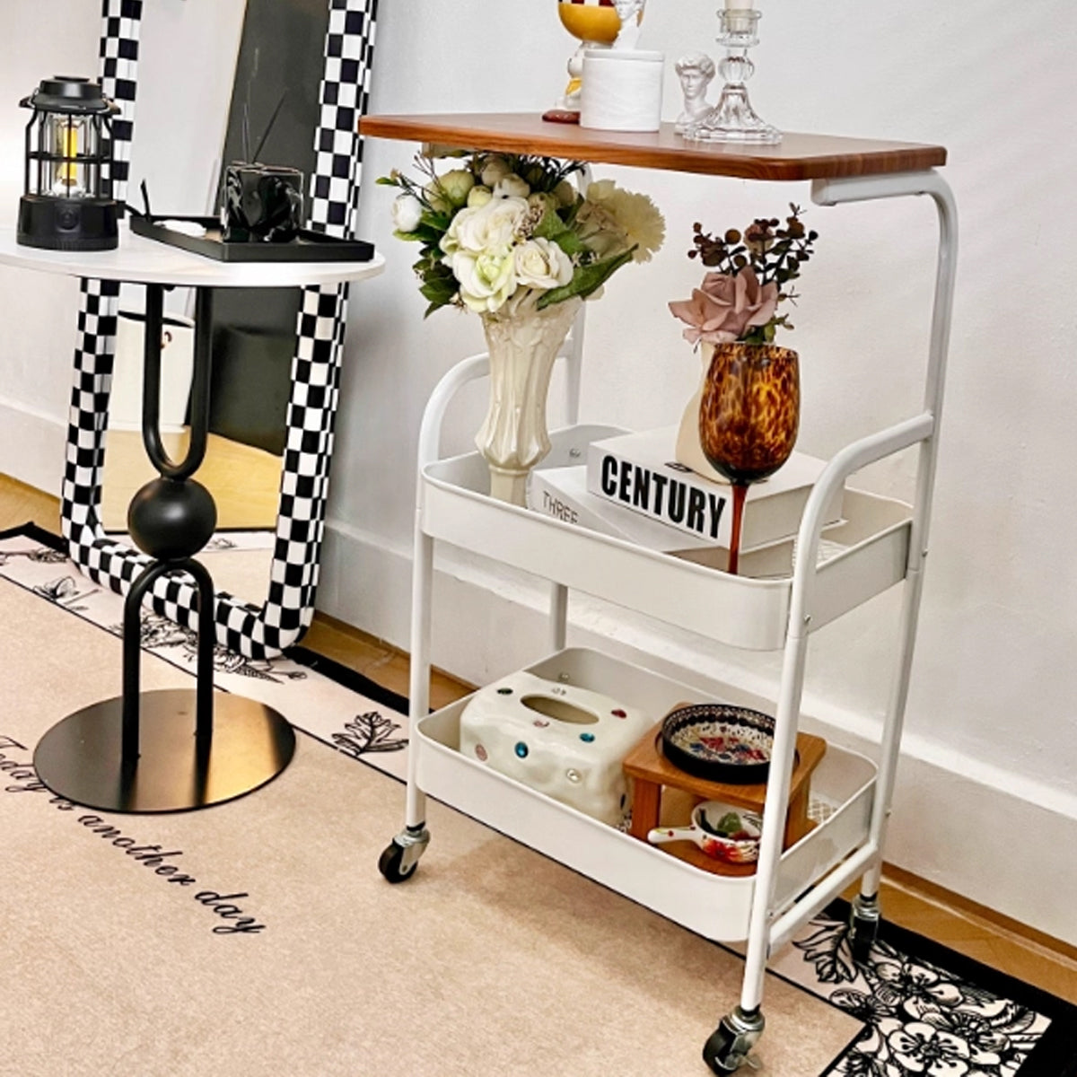 Mobile Coffee Cart Featuring a Mesh Storage Basket