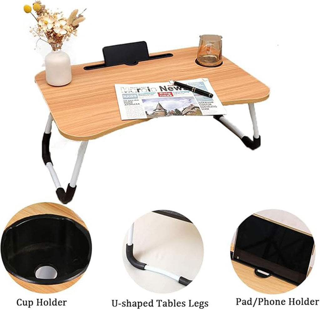 Foldable Bed Tray Table Featuring Cup and Tablet Slots